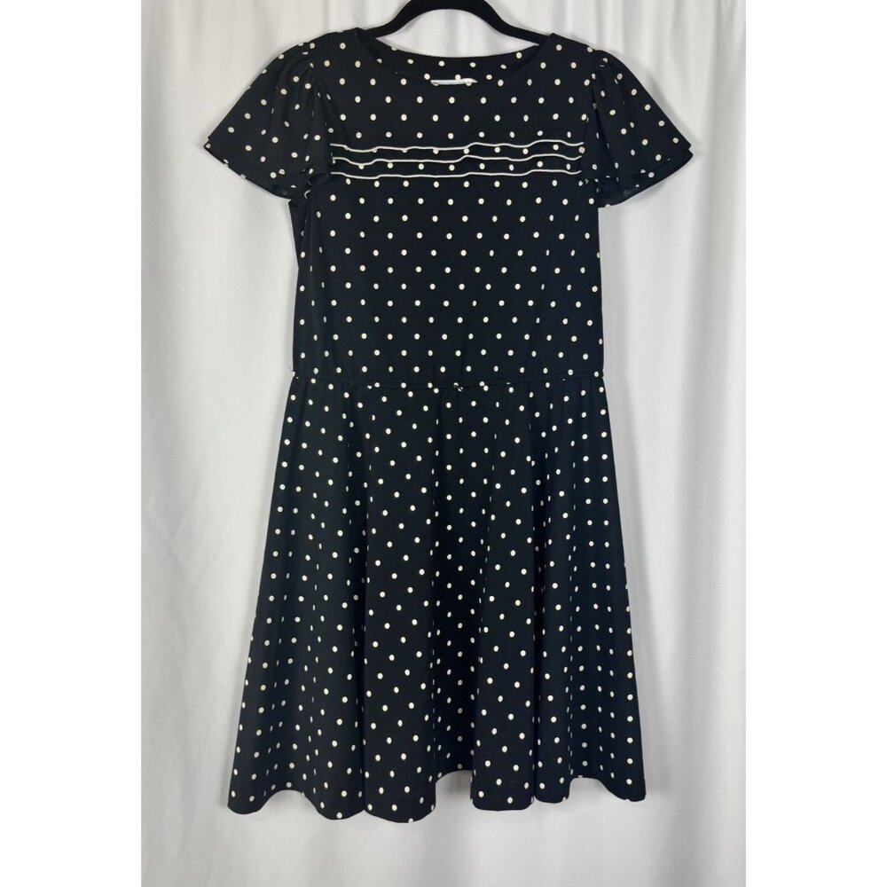 Lady Carol Petites Polka Dot Dress Black Cream Ruffle Union Made Vintage 80s 12P